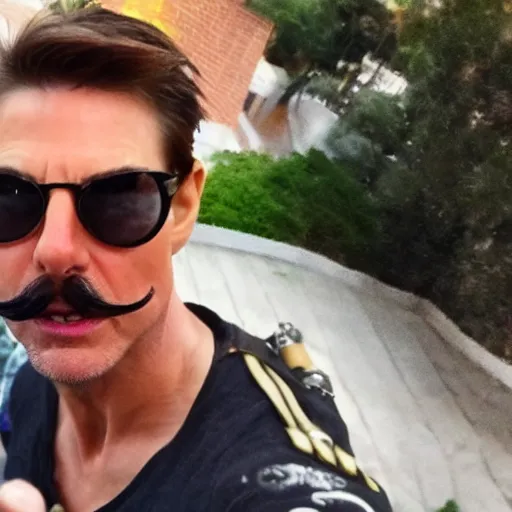 Image similar to paparazzi photo of tom cruise caught using a obviously fake mustache, wide angle, fisheye, uhd, 8 k, paparazzi, award winning