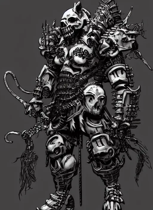Image similar to Full body portrait of a scary gnoll. Armour made of human skulls. In style of Yoji Shinkawa and Hyung-tae Kim, trending on ArtStation, dark fantasy, great composition, concept art, highly detailed.