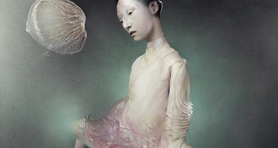 Prompt: closeup shot of asian female wearing a luminous soft fragile jelly fish dress, symmetrical face, by ray caesar, by louise dahl wolfe, by andrea kowch, by anna claren, surreal photography