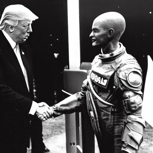 Image similar to The President of the United States shaking hands with a sinister space alien, official portrait