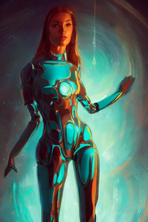 Image similar to full figure portrait, dynamic pose, of a thin elongated female android made of chrome and wood, lean sleek styling, feminine curves, reflective, inscribed etched with gnostic runes, lines of deeply inset glowing turquoise by jessica rossier