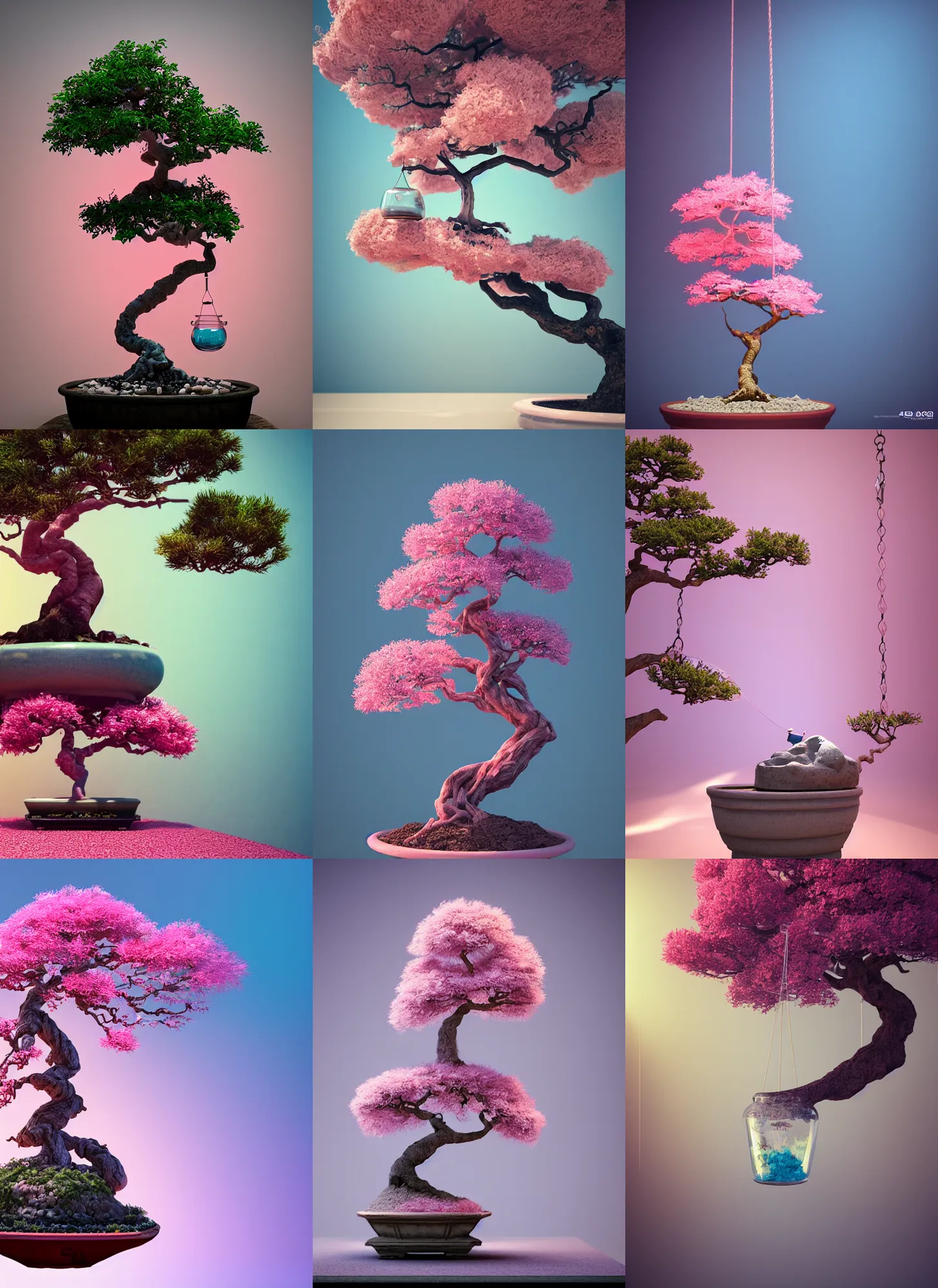 Prompt: swing on pink bonsai tree inside a glass jar buried in sand, blue bonsai, intricate detail, volumetric lighting, epic composition, hyper detailed, ultra realistic, sharp focus, octane render, volumetric, ray tracing, artstation trending, cgsociety, sense of awe, swirling mist, 4 k