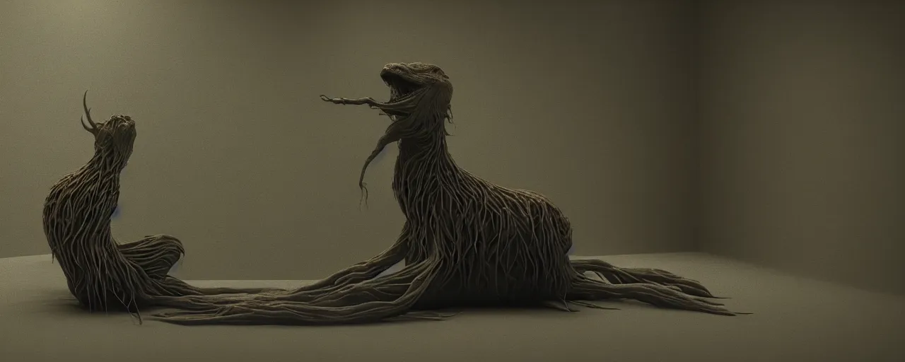 Image similar to a strange creature sits in the home room, film still from the movie directed by Denis Villeneuve with art direction by Zdzisław Beksiński, close up, telephoto lens, shallow depth of field, beautiful detailed intricate insanely detailed octane render, 8K artistic photography, photorealistic