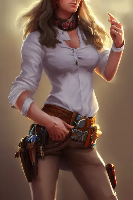 Image similar to full body, female cowgirl, perfect face, white blouse, empty gun holster, 8 k, magic the gathering, desert, d & d, artstation, high detail, smooth, muscular