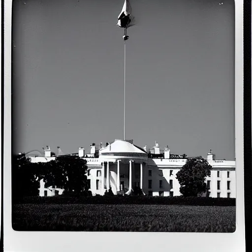 Prompt: analog polaroid photograph of an pyramidal alien spaceship hanging over the White House in Washington D. C., realistic, award winning,