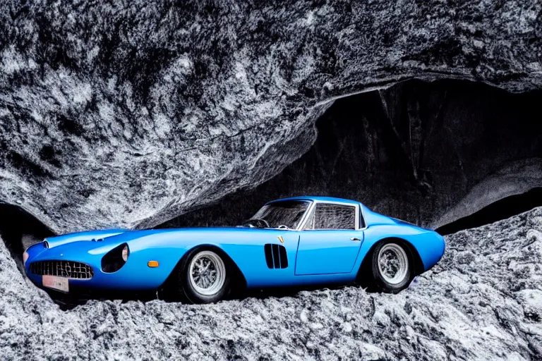 Image similar to cinematography of Ferrari 250 GTO series 2 in a blue glacier cave by Emmanuel Lubezki