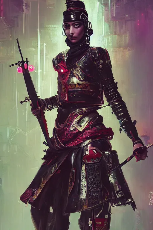 Image similar to a janissary, cyberpunk futuristic neon. fencing, long sword in her hand, decorated with traditional japanese ornaments by ismail inceoglu dragan bibin hans thoma greg rutkowski alexandros pyromallis nekro rene maritte illustrated, perfect face, fine details, realistic shaded, fine - face, pretty face, masterpiece