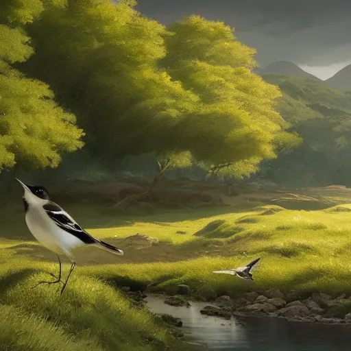 Image similar to wagtail bird in avila, lavandera, river, green fields, summer season, 4 k, midday light, concept art, by wlop, ilya kuvshinov, artgerm, krenz cushart, greg rutkowski, pixiv. cinematic dramatic atmosphere, sharp focus, volumetric lighting, cinematic lighting, studio quality