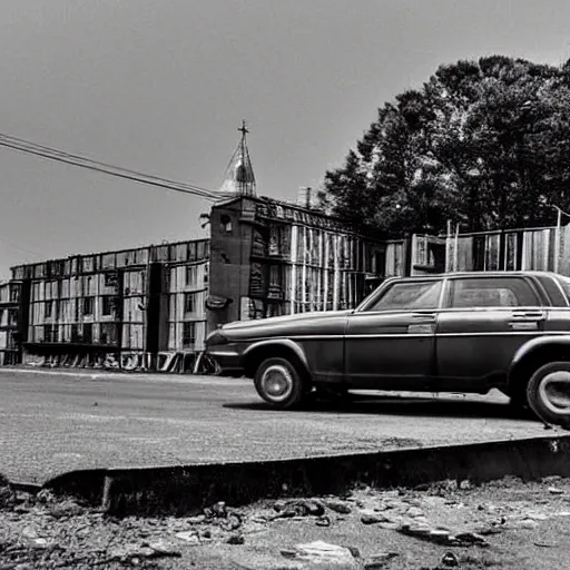 Image similar to low angle shot of right corner of russian car in soviet yard with block of flats, low grain film, masterpiece, blur, in style of william egglestone