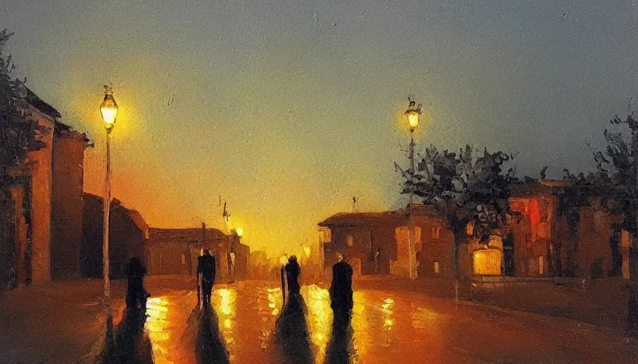 Prompt: painting by artemov leonid, evening landscape in the city and two people on the road