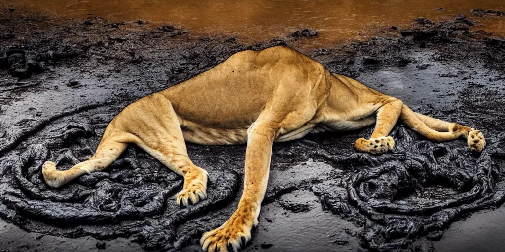 Prompt: a photo of a lioness, made of tar, bathing inside the tar pit, full of tar, covered with liquid tar. dslr, photography, realism, animal photography, color, savanna, wildlife photography