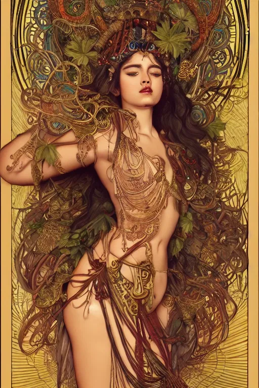 Image similar to an immaculate render of a tribal goddess adorned with leaves and cables and bird wings posing in a temple surrounded by wild tentacles made from mandalas and incense smoke, full body, perfect face, powerful, cinematic, beautifully lit, by artgerm, by alphonse mucha, by karol bak, 3 d, trending on artstation, octane render, 8 k