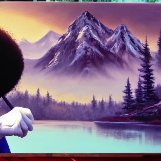 Image similar to a closeup photorealistic photograph of bob ross working on a canvas painting of mickey mouse. film still. brightly lit scene. mountains and trees. this 4 k hd image is trending on artstation, featured on behance, well - rendered, extra crisp, features intricate detail, epic composition and the style of unreal engine.