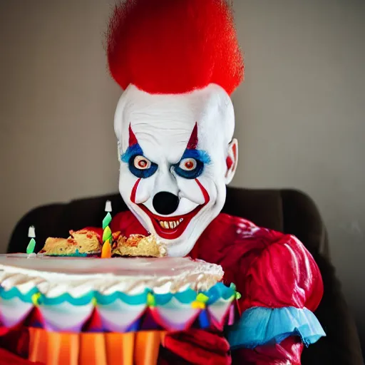 Image similar to photo of an evil clown holding a birthday cake