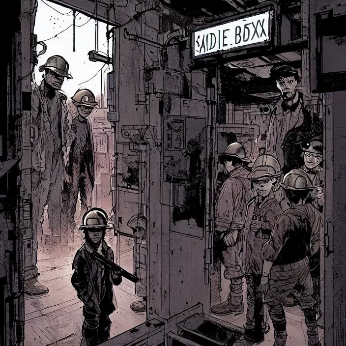 Image similar to a long queue to a big box / booth. sadie sink as a miner in the queue. storyboard, scifi cyberpunk. by gabriel hardman, joe alves, chris bonura. cinematic atmosphere, detailed and intricate, perfect anatomy