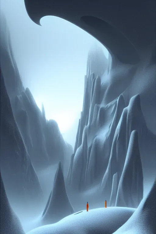 Prompt: futuristic atmosphere in the snowy mountains dolomites 3 d concept art, cinematic lighting, mouth of a cave, rule of thirds, depth of field, intricate details, building by zaha hadid, stormy weather, emissary space by arthur haas and bruce pennington and john schoenherr, cinematic matte painting, dark moody monochrome colors, trending on artstation, featured on behance