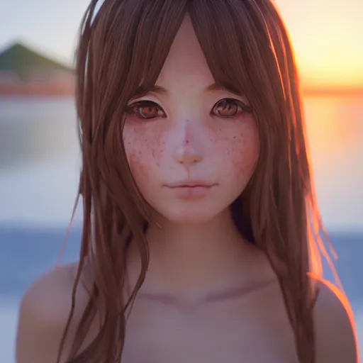 Prompt: Render of a beautiful 3d anime girl, long hair, hazel eyes, cute freckles, full round face, short smile, cute sundress, golden hour, serene beach setting, medium shot, mid-shot, highly detailed, trending on Artstation, Unreal Engine 4k