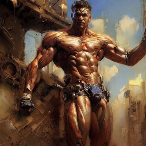 Image similar to muscular male cyborg, muscle, painting by gaston bussiere, craig mullins, greg rutkowski, yoji shinkawa