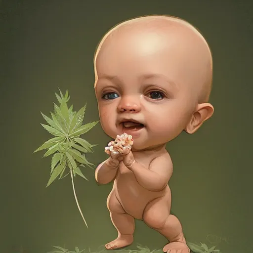 Image similar to a cute little baby made of hemp, with a head in the form of a cannabis bloom, like baby grut, green skin, character, art by james jean and greg rutkowski!!, realistic face, digital art, chibi style, golden ratio, perfect composition, trending on artstation, 8 k