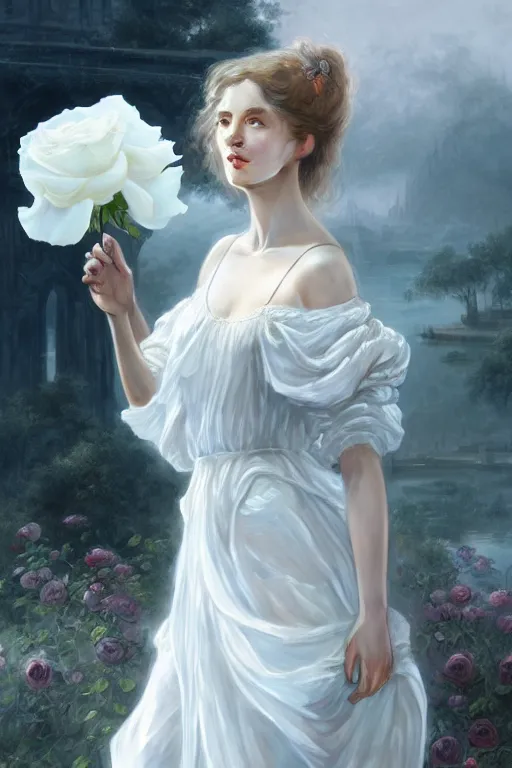 Image similar to woman dressed in a vaporous wrapped large victorian white roses semi transparent silk rose dress fashion, renaissance panorama behind her,D&D, fantasy, intricate, elegant, highly detailed, digital painting, artstation, concept art, matte, sharp focus, illustration, art by Artgerm and Greg Rutkowski and Alphonse Mucha