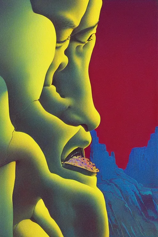 Image similar to a scifi closeup portrait of a young american man licking a blotter paper of LSD acid on his tongue and dreaming psychedelic hallucinations in cosmos, by kawase hasui, moebius, Edward Hopper and James Gilleard, Zdzislaw Beksinski, Steven Outram colorful flat surreal design, hd, 8k, artstation