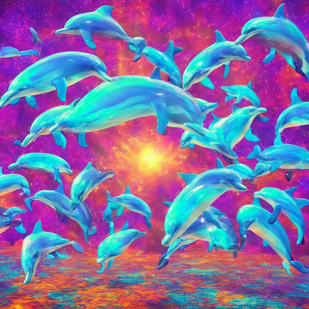 Image similar to magical psychedelic dolphins diving in dmt psychedelic universe liquid, octane render, 8k, extremely detailed