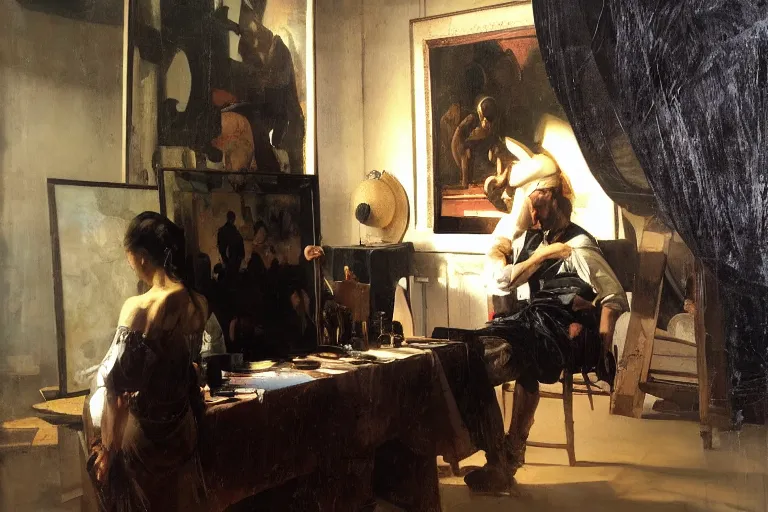 Prompt: stablediffusion sitting at an easel painting a portrait of midjourney, masterpiece, dramatic lighting, painting by caravaggio and ruan jia and daytoner