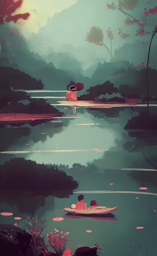 Prompt: a cute pond scenic cinematic environment by Atey Ghailan