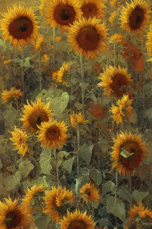 Prompt: an intricate artistic painting of a beautiful wallpaper art pattern made of elegant sunflowers with painterly motives and textures, hyper detailed, octane render, vivid colors, artstation, by jeremy mann, by alphonse mucha