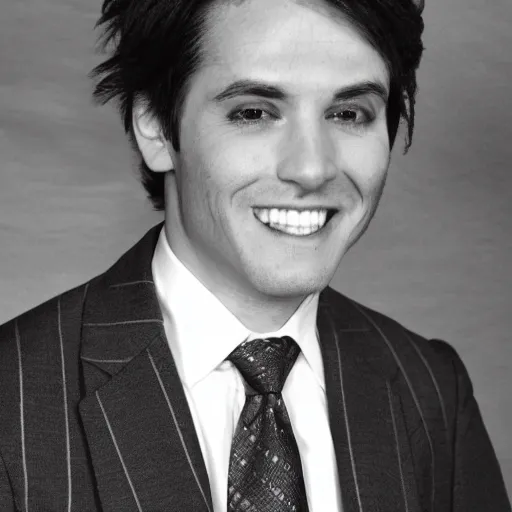 Prompt: a man in a checkered suit looking at the camera for a photo with a twisted smile and with short medium black hair and no facial hair, and the photo is in black and white ( high detailed photograph, greatly illustrated, good quality )