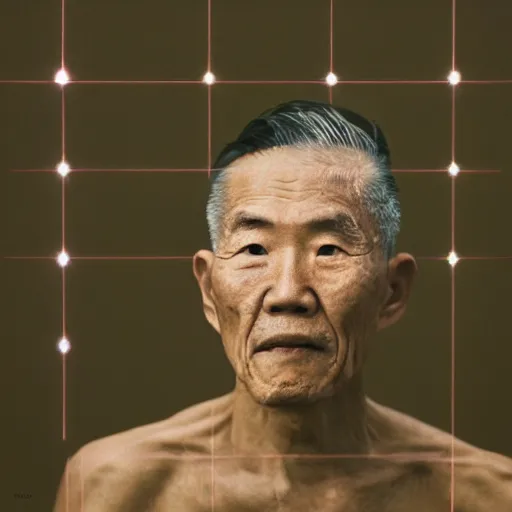 Image similar to a portrait of octogenarian prisoner justin sun with face tattoo of qrcode in prison looking through the laser of his cell, by annie leibovitz, shallow depth of field, cinematic lighting