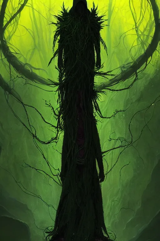 Prompt: A full body portrait of a mysterious shaman, with no face with a very long hooded dark green and yellow cloak, tentacles and thorny vines coming out the ground art by Maciej Kuciara and Jason Chan, ominous, cosmic horror, trending on artstation, Ultra detailed, hyper realistic 4k
