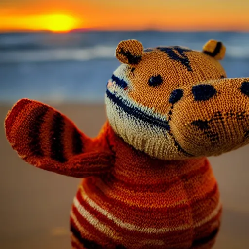 Prompt: a closeup photorealistic photograph of a cute smiling knitted tiger hippopotamus catching a beachball at sunset. surf in the background. professional capture. this 4 k hd image is trending on artstation, featured on behance, well - rendered, extra crisp, features intricate detail, epic composition and the style of unreal engine.