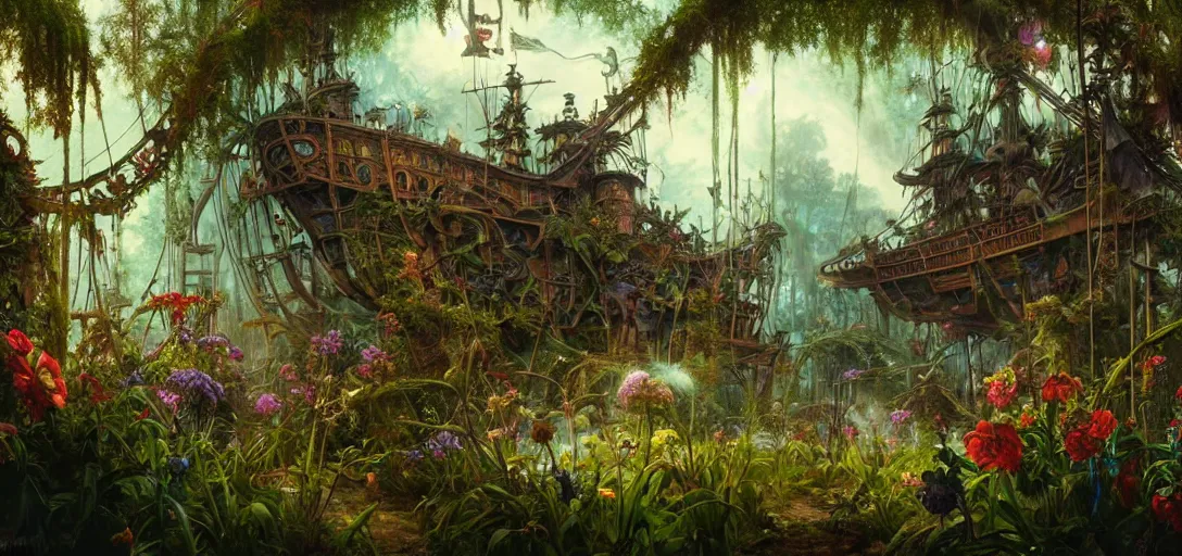 Image similar to epic fantasy render of a beautiful pirate ship in an old dilapidated amusement park overgrown with verdant flowers, dark retrowave, highly detailed, digital painting, cinematic, hyperrealism, rpg portrait, dynamic lighting, art by magali villeneuve and alphonse mucha, artstation, octane render, cgsociety