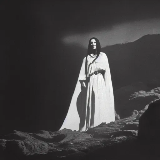 Image similar to 1 9 7 0's artistic spaghetti western movie, a woman in a giant billowy wide flowing waving dress made out of white smoke, standing inside a dark western rocky scenic landscape, volumetric lighting, backlit, moody, atmospheric