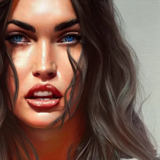 Prompt: megan fox closeup of face. licking lips. hyperrealistic portrait, photo realistic, poster, artstation, volumetric lighting, digital art, very detailed face by magali villeneuve