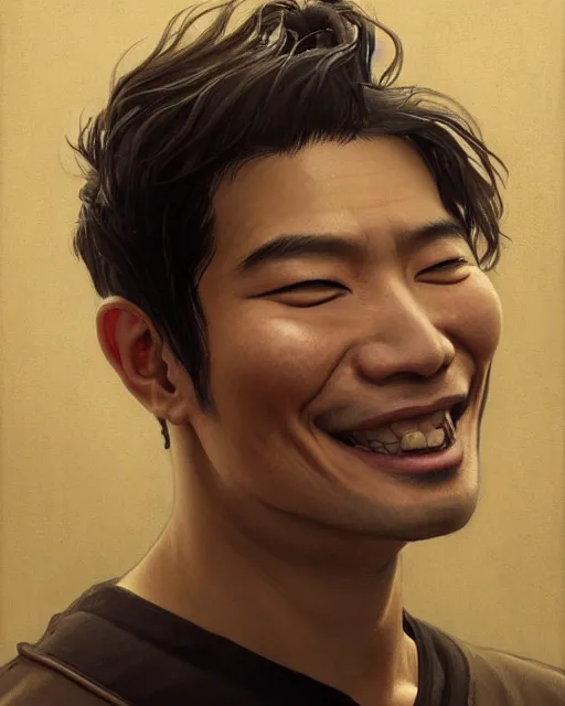 Prompt: A pregnant Asian man with closed eyes smiling, very detailed sharp angular pale masculine face, square jaw, wavy hair, black hair, gorgeous, beautiful, intricate, highly detailed, digital painting, artstation, concept art, sharp focus, illustration, art by Greg Rutkowski and Alphonse Mucha