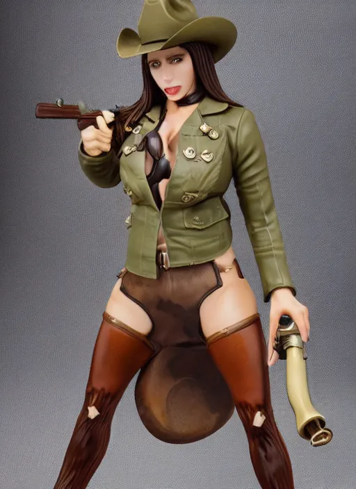 Image similar to 80mm resin detailed miniature of a beautiful muscular cow-girl, clothed in Cowboy Jacket, ten-gallon hat, revolver gun, olive skin, long dark hair, beautiful bone structure, symmetrical facial features, Product Introduction Photos, 4K, Full body