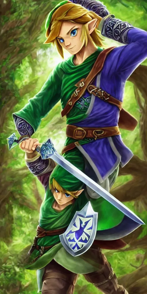 Image similar to link dressed in traditional green tunic and cap, holding the master sword and hylian shield in each hand, in dynamic fighting pose, clear detailed face with focused expression, mystical forest background, dark skies, green purple blue pink iridescent color scheme, intricately detailed, finely textured, cgsociety