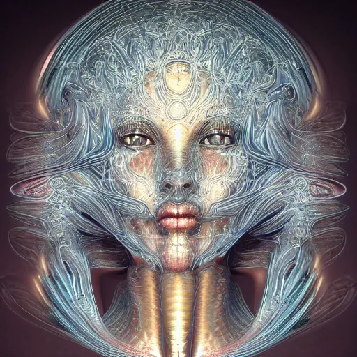 Image similar to beatifull frontal face portrait of a woman, 150mm, chromatic aberration, mandelbrot fractal, symmetric, intricate, elegant, highly detailed, ornate, ornament, sculpture, elegant , luxury, beautifully lit, ray trace, octane render in the style of peter Gric and alex grey