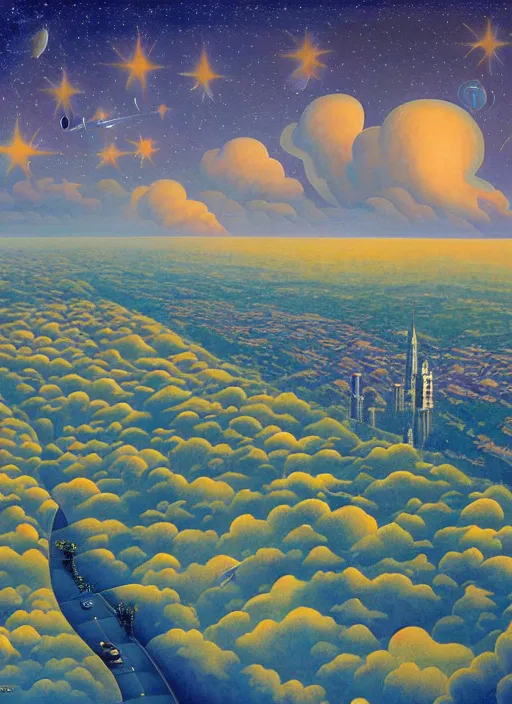 Image similar to a garden city reaching the clouds and stars, vintage shapes, retro technology, happy colors. rob gonsalves, oil on canvas, deep depth field, masterpiece, cinematic composition, hyperdetailed