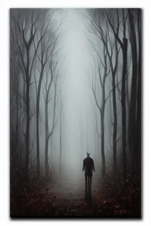 Image similar to dark and spooky woods. atmospheric, foggy, oil painting on canvas. fairytale. with a werewolf standing there