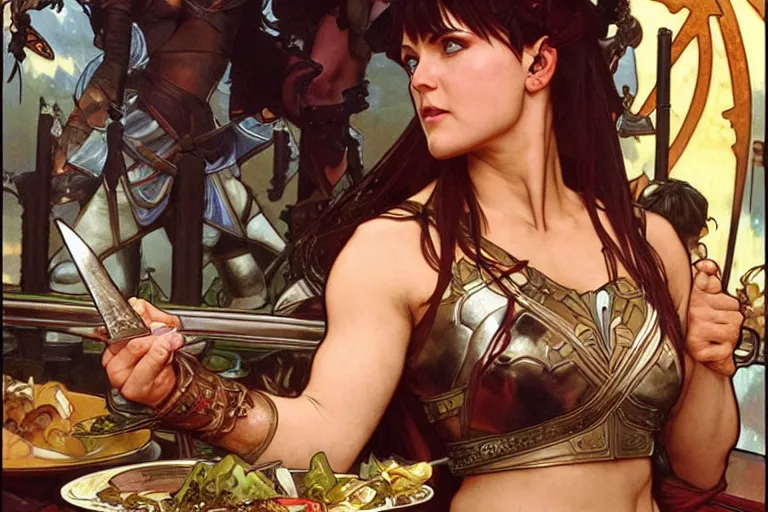 Image similar to xena warrior princess eating at a restaurant art by artgerm and greg rutkowski and alphonse mucha