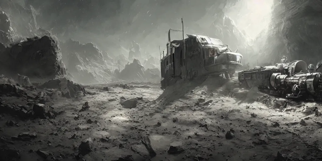 Image similar to ultra realistic illustration, an outdoor on the moon with an old broken train, lunar landscape, elegant, highly detailed, artstation, concept art, smooth, sharp focus, moody, dramatic lighting, art by wadim kashin