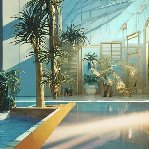 Prompt: indoor liminal space, golden light, peter tarka, palm trees, minimalistic, hyperrealistic surrealism, award winning masterpiece with incredible details, epic stunning, infinity pool mirrors, a surreal vaporwave liminal space with mirrors, highly detailed, trending on artstation, artgerm and greg rutkowski and alphonse mucha, daily deviation