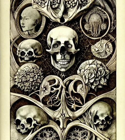 Image similar to memento mori by arthur rackham, art forms of nature by ernst haeckel, exquisitely detailed, art nouveau, gothic, ornately carved beautiful skull dominant, intricately carved antique bone, art nouveau botanicals, ornamental bone carvings, art forms of nature by ernst haeckel, horizontal symmetry, arthur rackham, ernst haeckel, symbolist