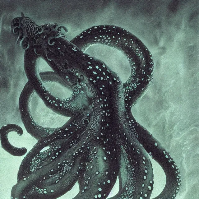 Prompt: phosphorescent skin of the tentacle squid horror, photograph created by del toro + lovecraft + realistic horrors + matte painting + dead souls