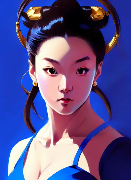 Image similar to a comic portrait of chun - li, fine - face, realistic shaded perfect face, fine details. blue - ish cosmic setting. very anime style. realistic shaded lighting poster by ilya kuvshinov katsuhiro, raden saleh, basuki abdullah, jeremy lipkin and michael garmash, rob rey and kentaro miura style, trending on art station