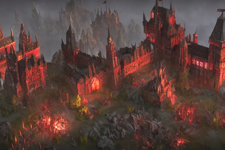 Image similar to big evil castle - city rock dark shadow elves, might and magic heroes vii, dark fantasy, shadows, artstation trending, unreal engine 5, red