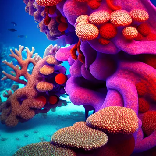 Prompt: psychedelic organic cyborg submerged in ocean coral reef, realism, extreme detail, real life, key art, soft light, volumetric light, photo by albert aublet